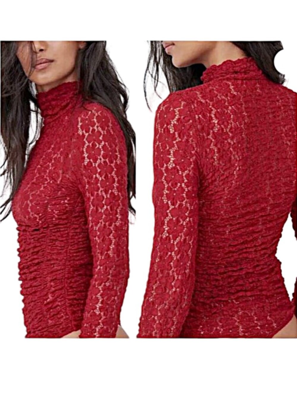 Intimately Free People Day And Night Floral Red Lace Bodysuit Mock Neck Long Slv